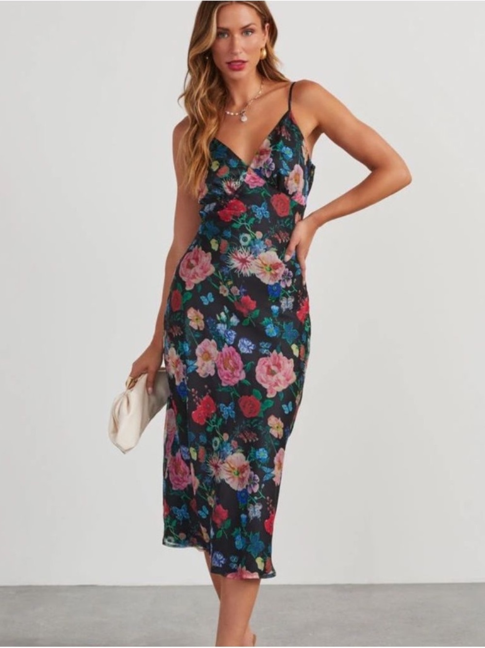 Vici Floral Slip Midi Dress in Black